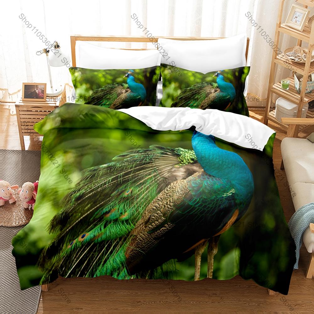 Peacock Printed Bedding Set, Duvet Cover + 2 Pillowcases Elegant Bird Pattern Soft Bed Sheets for Living Room Dorm Decoration
