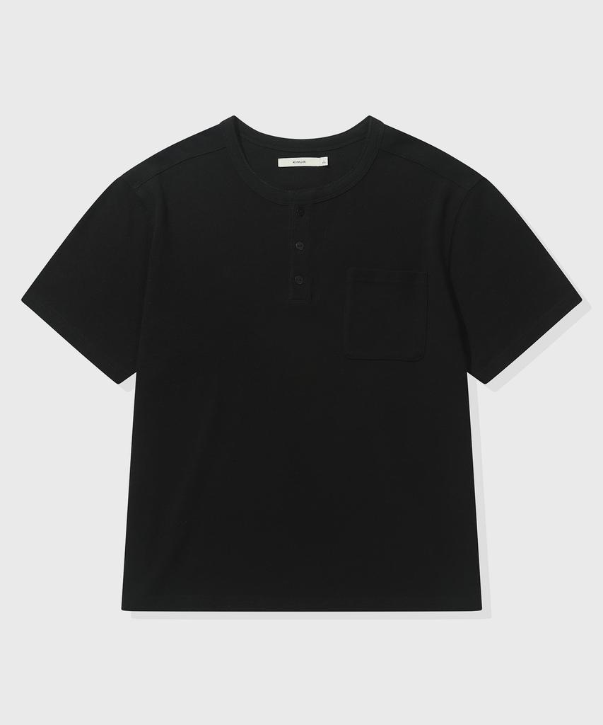 KIIMUIR [Crop] Heavy Cotton Roll-Up Henley Neck Short Sleeve T-Shirt_Black