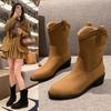 Han Shu's Same Ins2025 Autumn New Retro Short Boots Women's Spring and Autumn Single Boots Thick Heel Pointed Western Cowboy Boots.