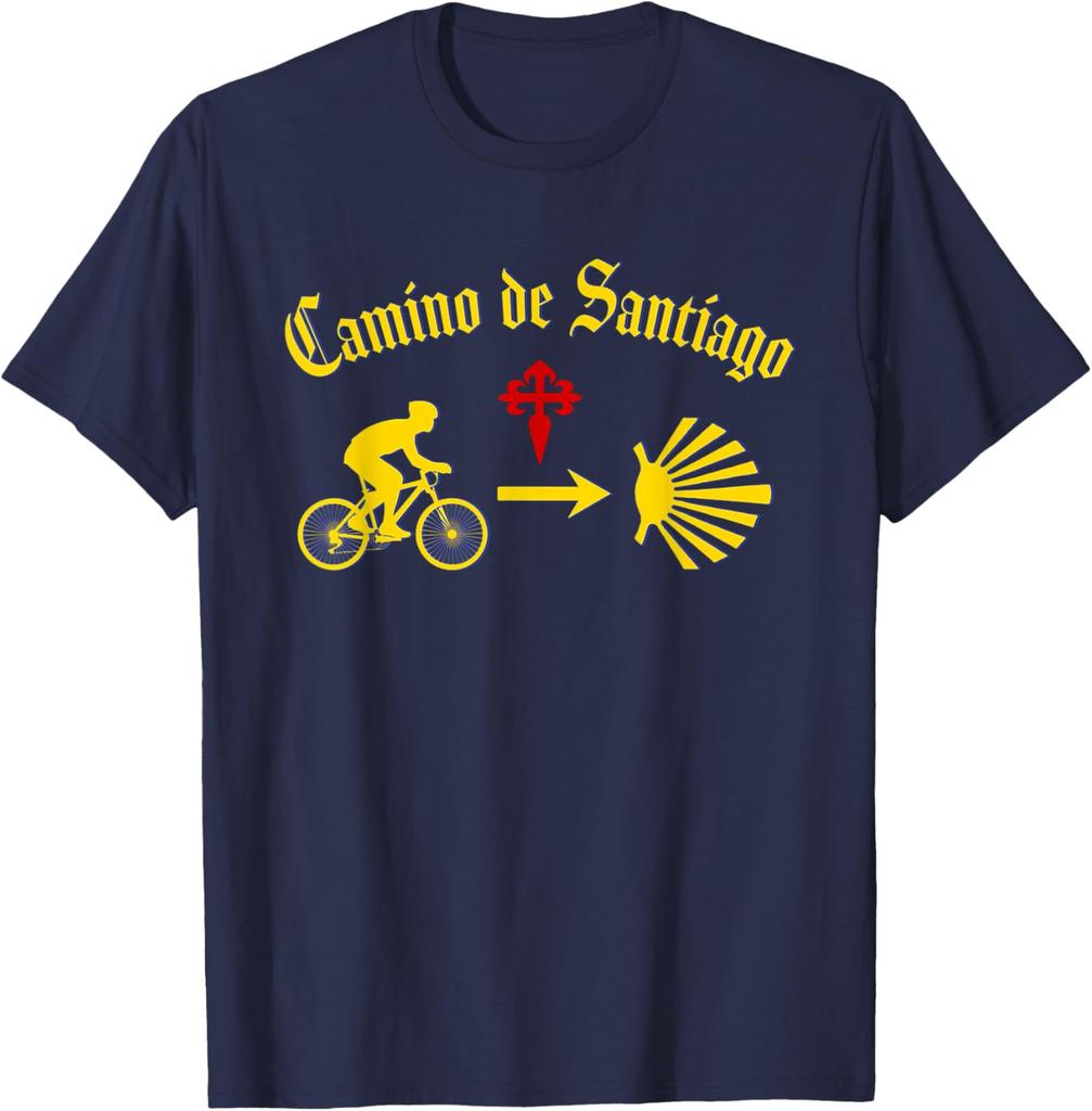 Camino de Santiago Man Riding Bicycle Yellow Arrow Scallop TShirt Short Sleeve Casual 100 Cotton Shirt