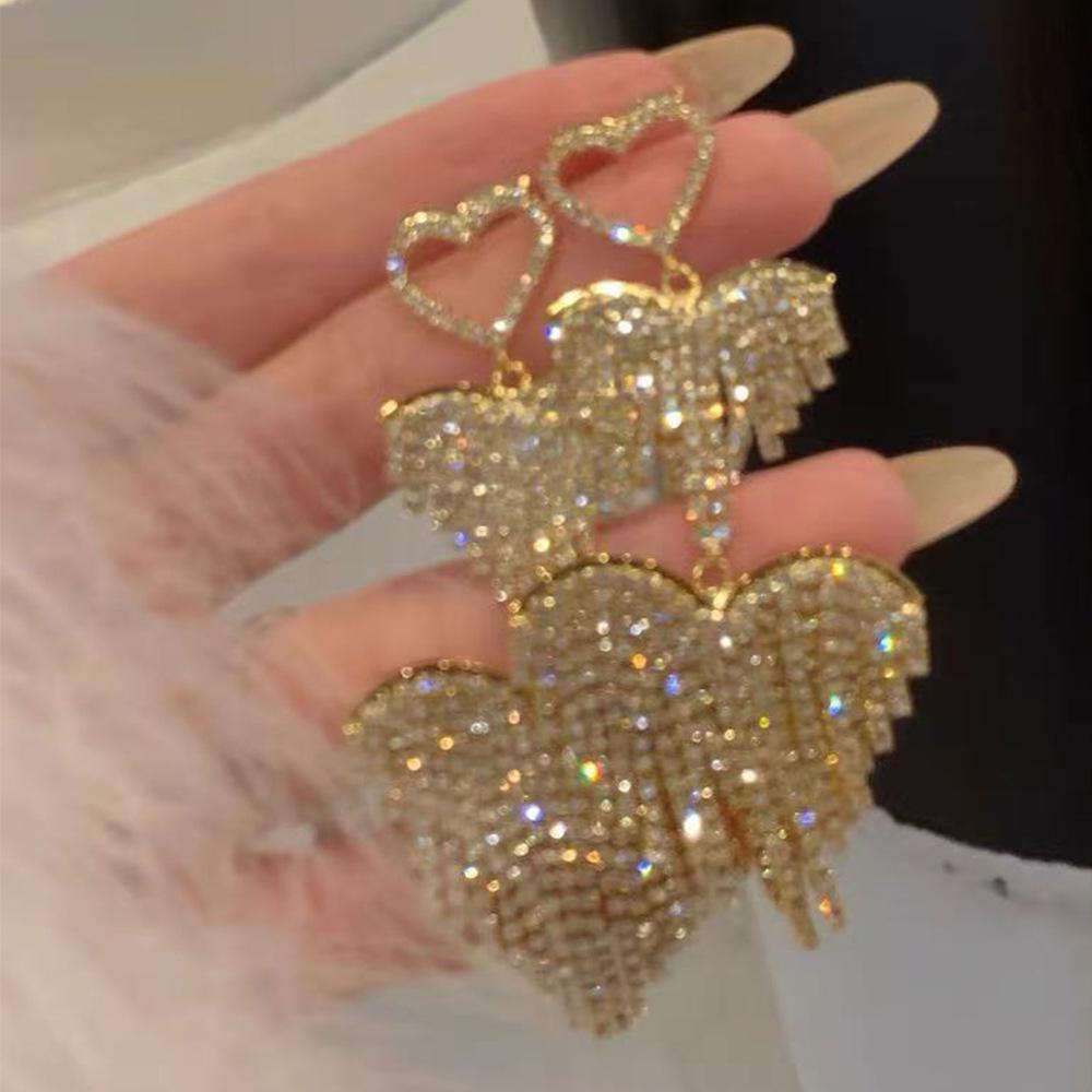 Premium‑Sense Full‑Diamond Love Fringed Earrings, Flash‑Diamond Exaggerated Heart Earrings, Trendy Versatile Party Women Earrings