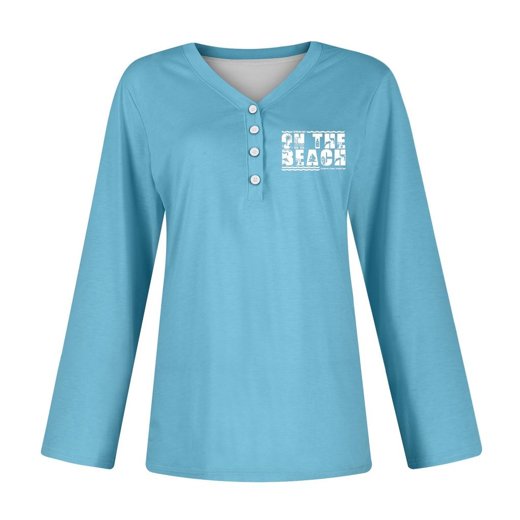 Женская повседневная мода сексуальный удобный пляжный стиль повседневный принт V-образный вырез пуговицы длинный рукав