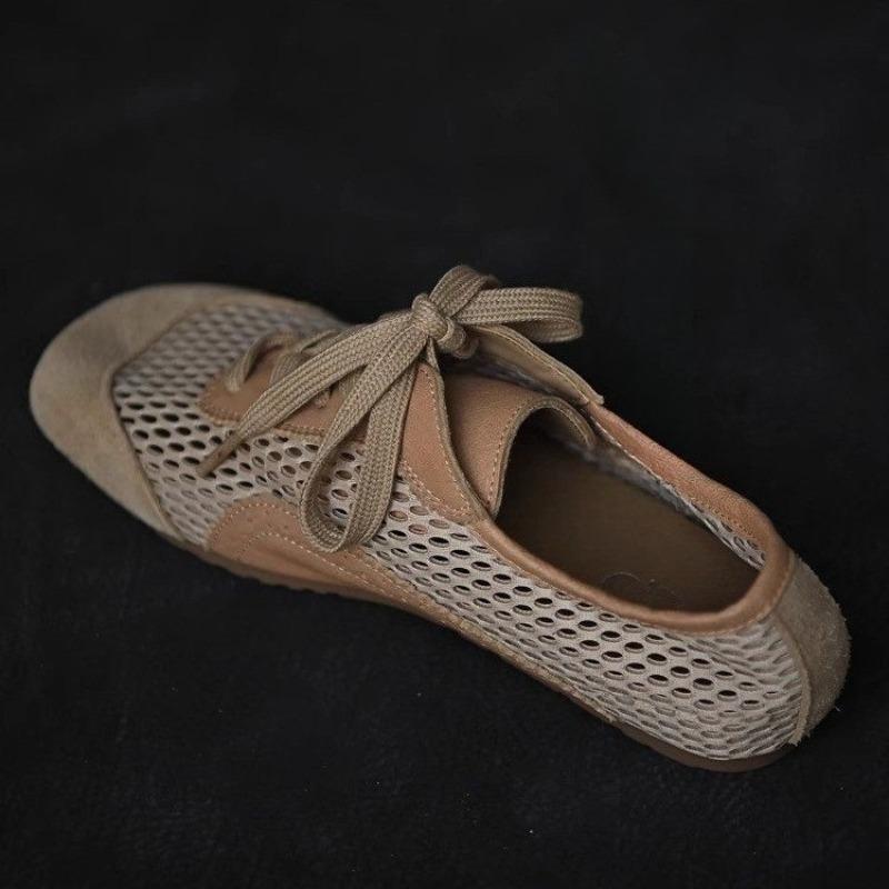 Fashion Women's Breathable Mesh Mesh Flat Shoes New Summer Round Toe Deep Mouth Front Lace-Up Soft Slip Anti-Sport Sneakers