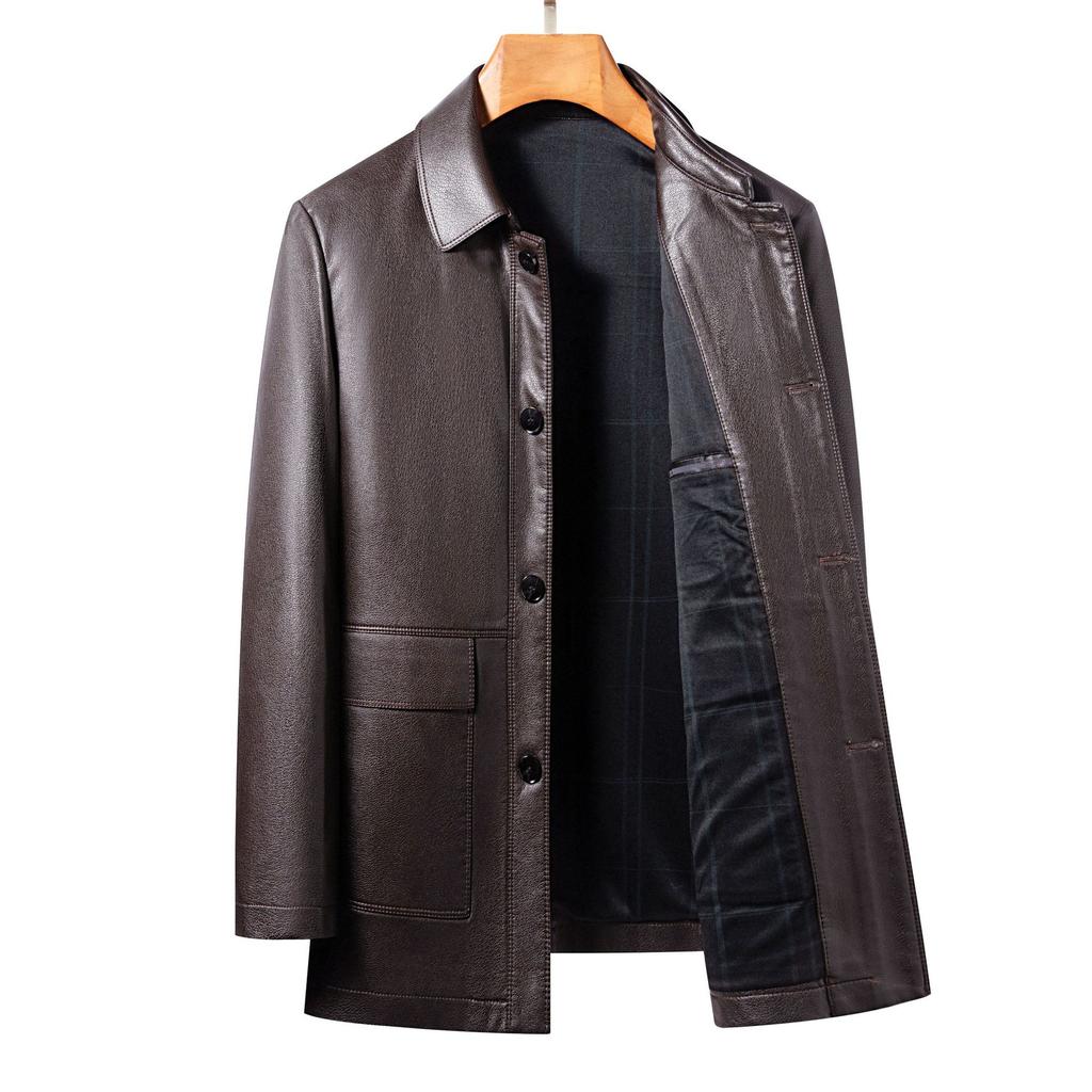 Новые осенние и зимние куртки из натуральной кожи Мужские кожаные куртки средней длины с лацканами для людей среднего и пожилого возраста Куртки для пап