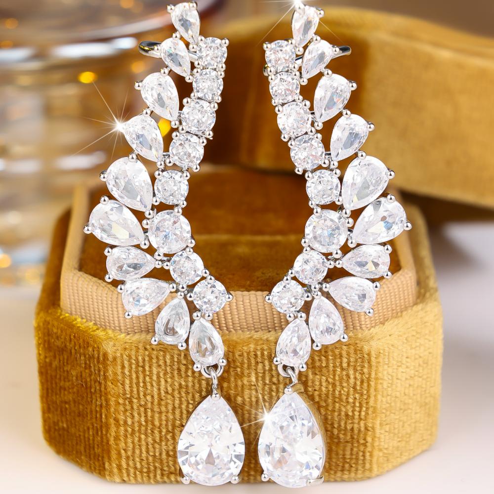 Luxurious Silver Color Teardrop Zircon Dangle Earrings for Women Daily Wear and Party