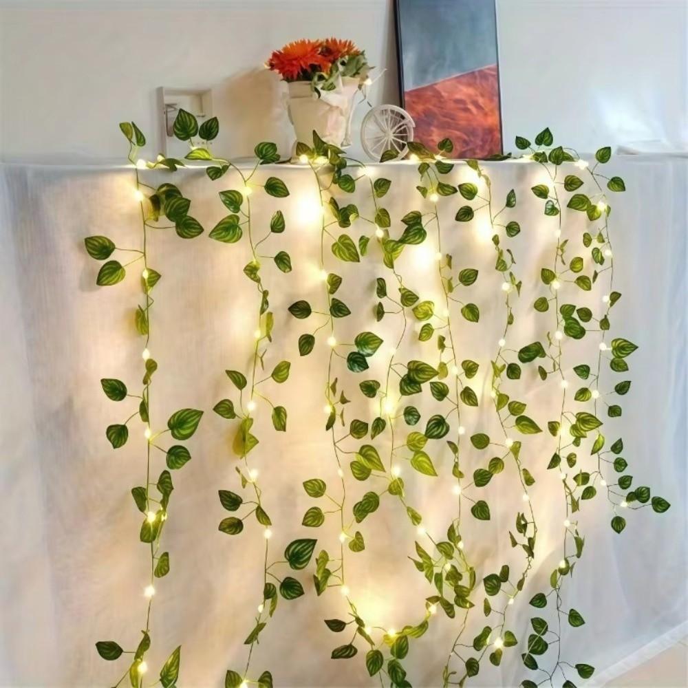 Plastic Leaf Garland String Lights Battery Powered Golden Leaves Artificial Vine Fairy Lights Warm Light Green Leaf