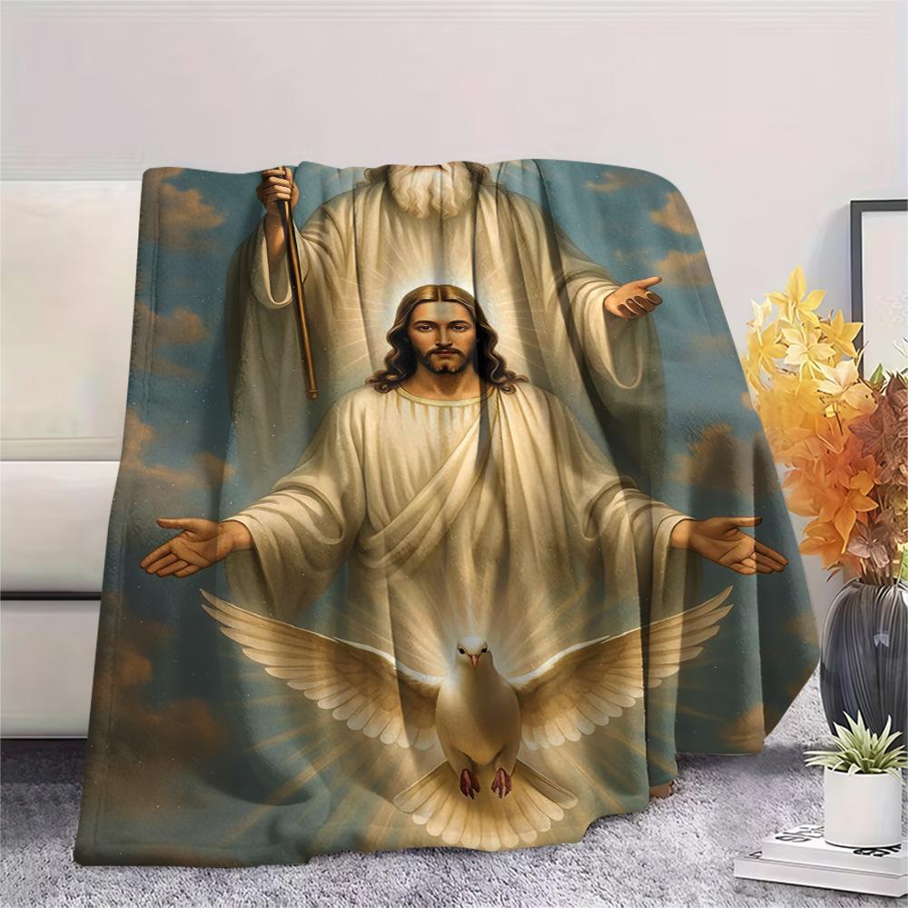 1Pc God Print Flannel Blanket, High quality Comfortable for All Seasons, Home Decor, Warmth and Comfort, Perfect for Christmas Gifts