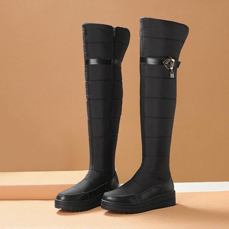 Q/Женские зимние ботинки на плоской подошве незаменимы зимой, поскольку они обеспечивают комфорт и тепло.. Длинные плюшевые сапоги большого размера из натуральной кожи.