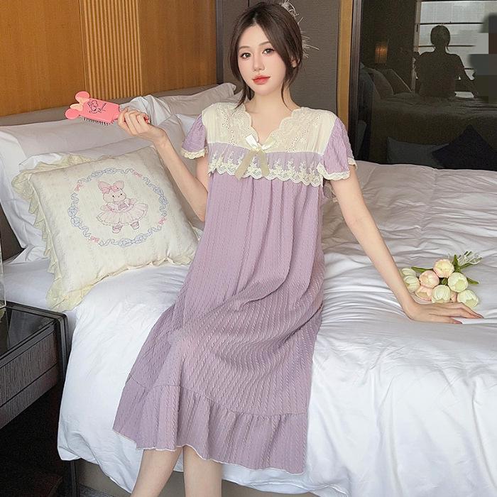 Женская летняя милая принцесса ночная рубашка с короткими рукавами, средней длины, большого размера, идеальна в качестве домашней одежды