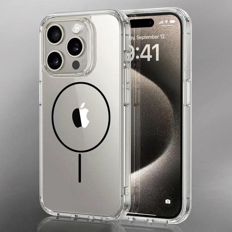 Роскошный тонкий чехол с магнитной беспроводной зарядкой Magsafe для iPhone 16 15 14 Pro Max 13 12 Mini 11 16e Plus Прозрачная задняя крышка