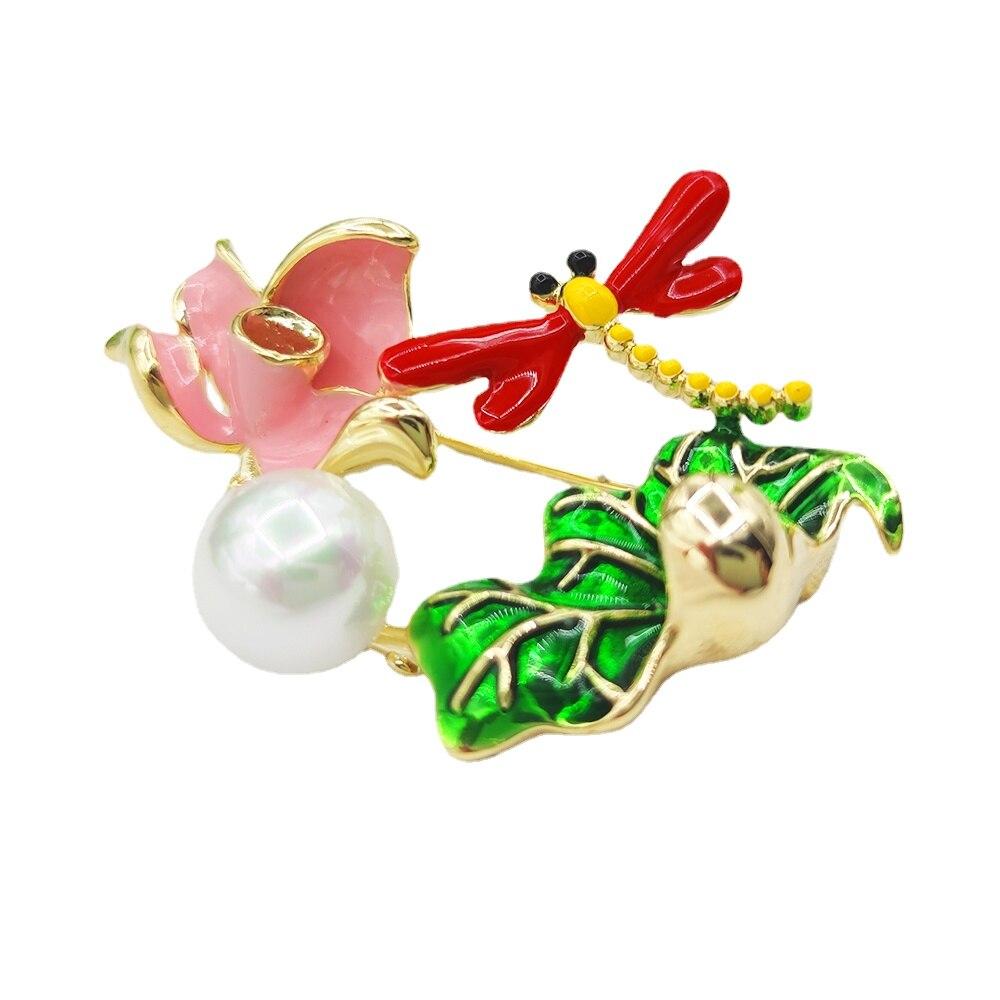 Blucome Red Dragonfly Lotus Shape Brooches Copper Corsage Suit Scarf Hat Pins for Women