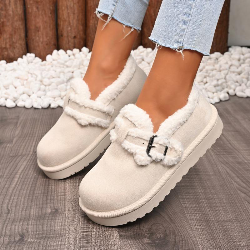 Fashion Metal Buckle Round Toe Deep Mouth Suede Wool Platform Anti-Slip Wear-Resistant Flat Snow Boots