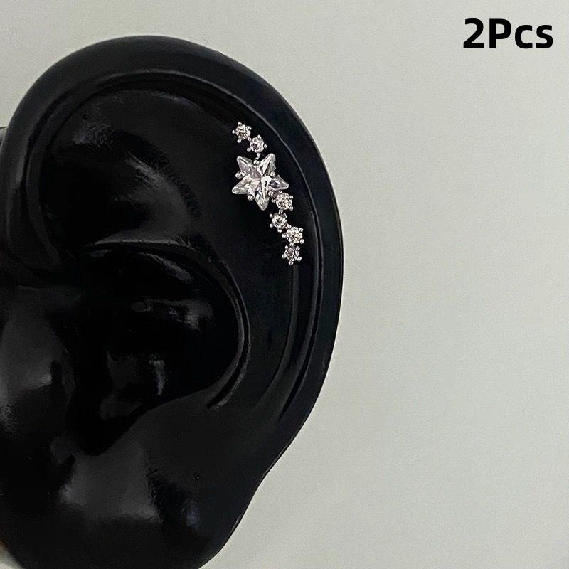 2Pcs Silver Tone Sparkling Star Zircon Stud Earrings, Tiny Cartilage & Helix Piercing Jewelry for Women, Perfect Gift