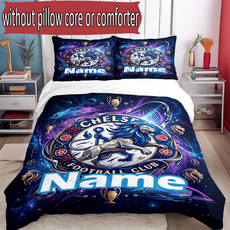 3pcs Duvet Cover Set (1*Duvet Cover + 2*Pillowcase, Without Core), Custom Name Chelsea Football Club Pattern Bedding Set, Home Bedroom Decor Gift