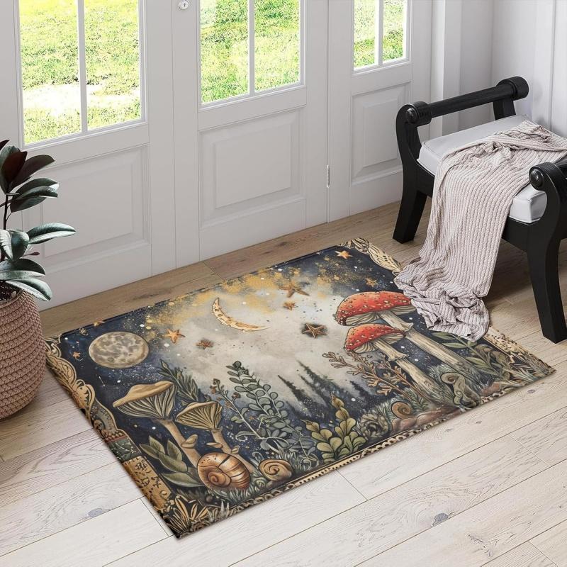 Vintage Moon Mushroom Forest Doormat Witchy Botanical Snail Celestial Print Non Slip Mat for Entryway Bedroom Cottage Decor
