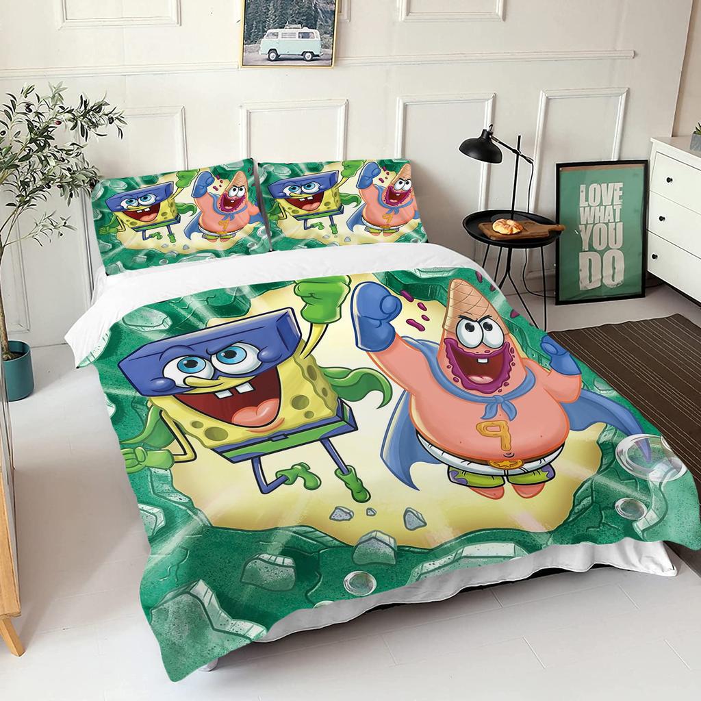 SpongeBob SquarePants Bedding Set Cartoon Duvet Cover Pillowcase for Kids Teens Bedroom Home Decor Christmas 2/3Pcs