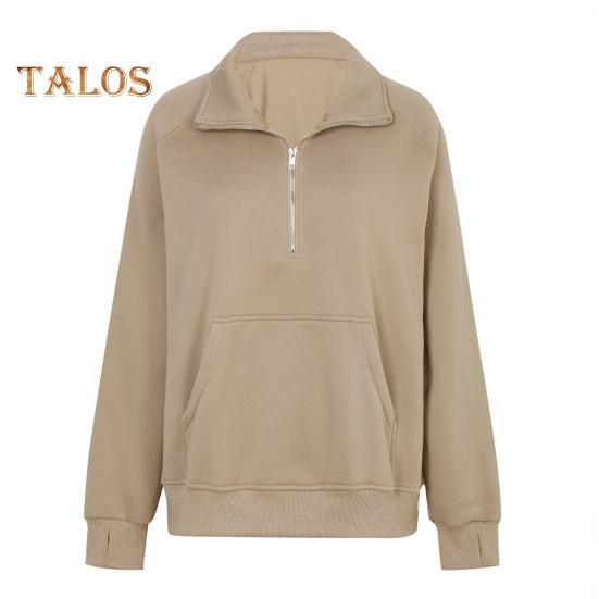 Женская толстовка осень-зима с застежкой-молнией на лацкане, с длинным рукавом и передним карманом, пуловер, однотонный свободный спортивный свитшот