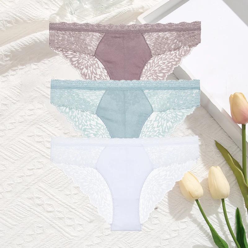 3Pcs/Set Women Sexy Lace Panties Transprant Hollow Out Low Waist Briefs Female Solid Soft Breathable Comfort Underwear Lingerie