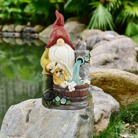 Solar Pumping Gnome Figurine with Light Washing Dog Dwarf Elf Resin Statue Sculpture Outdoor Garden Porch Yard Lawn Decoration Ornament