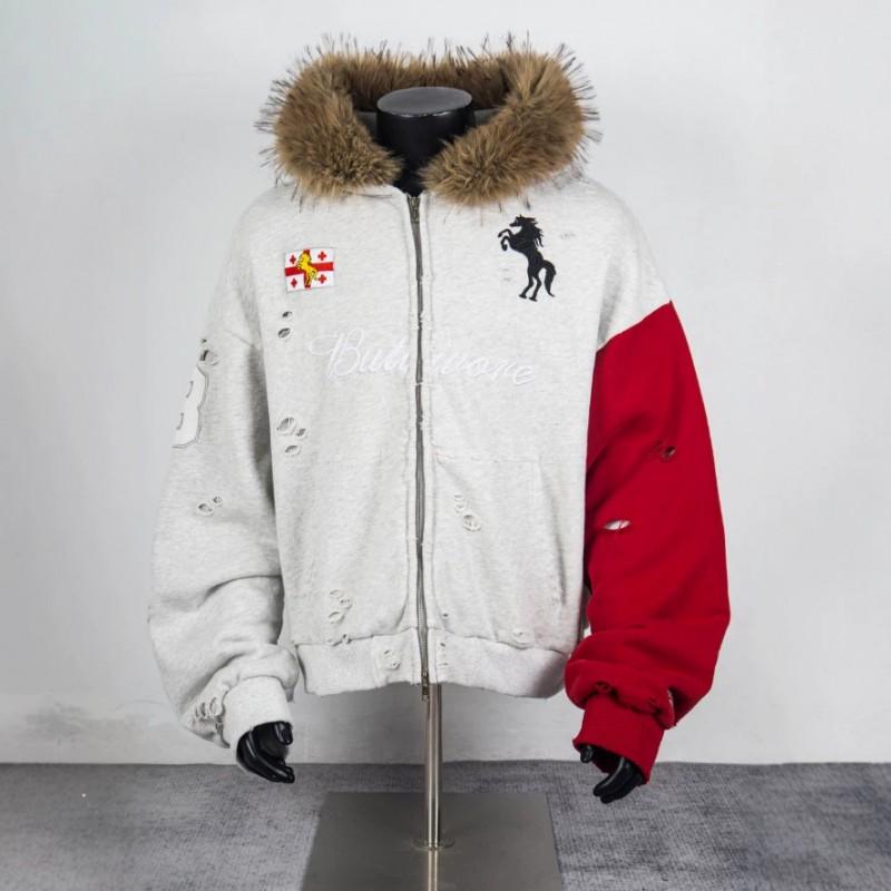 Mens Oversized Hooded Zip-Up Sweatshirt With Contrast Stitching Vintage Streetwear Style Cotton Blend Loose Fit Winter Jacket