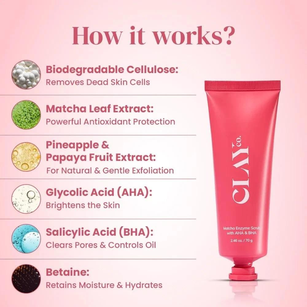 ClayCo Matcha Enzyme Scrub with AHA + BHA | Gentle Exfoliation,70g