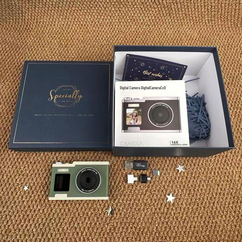Retro HD Digital Camera with Dual Screens, 64MP CCD Sensor, 16x Optical Zoom, and Beauty Mode.