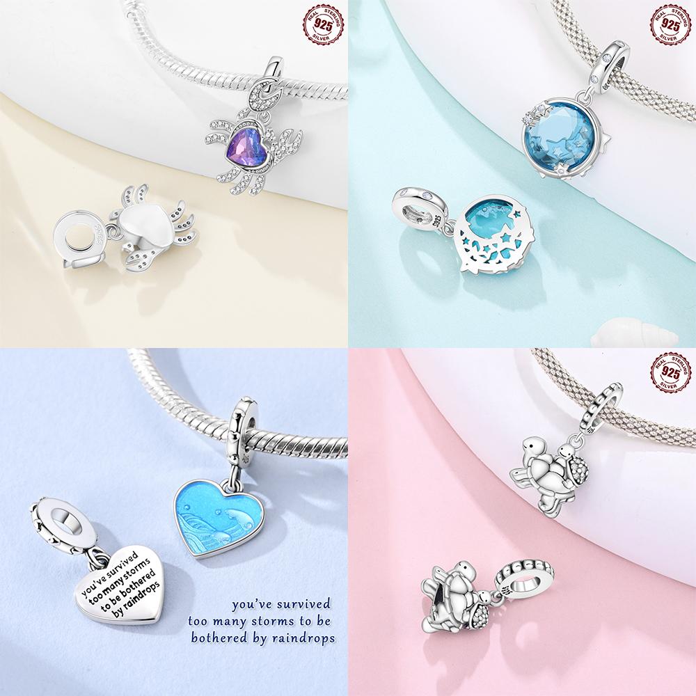 925 Silver Certified Pink Shell Pearl Blue Zircon Petals Beads Fit Women Woman Gift Phone Charms Diy Accessory