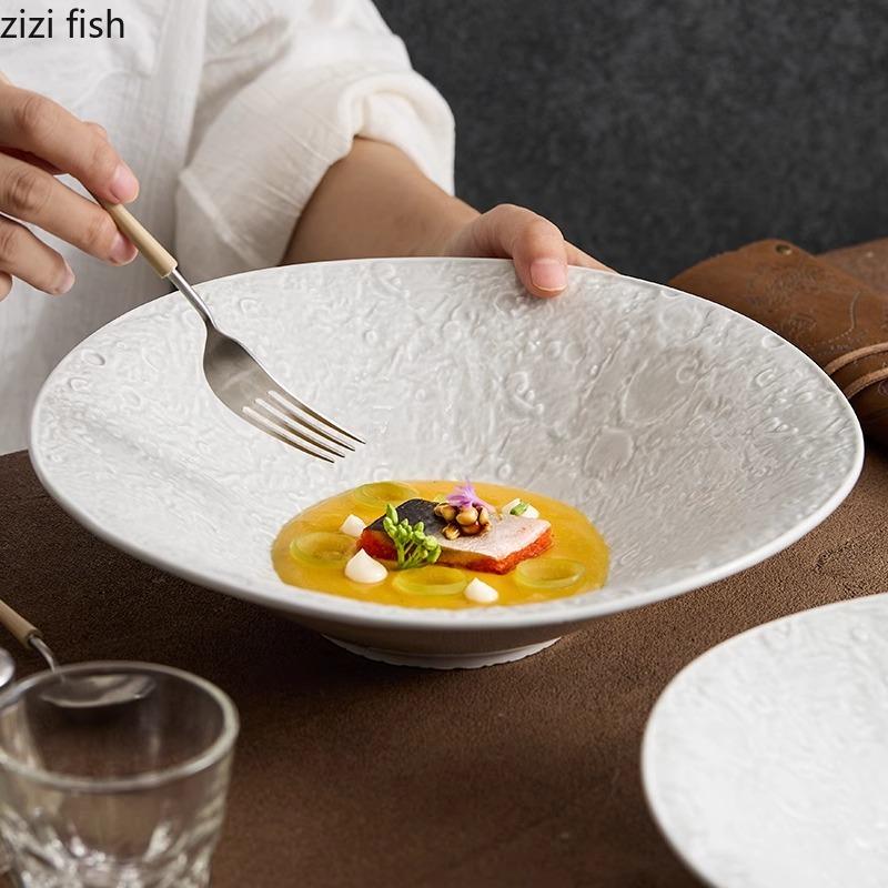 Lunar Textured Ceramic Small Footed Bowl Salad Bowl Spaghetti Bowl Dessert Bowls Deep Bowls Restaurant Creative Tableware