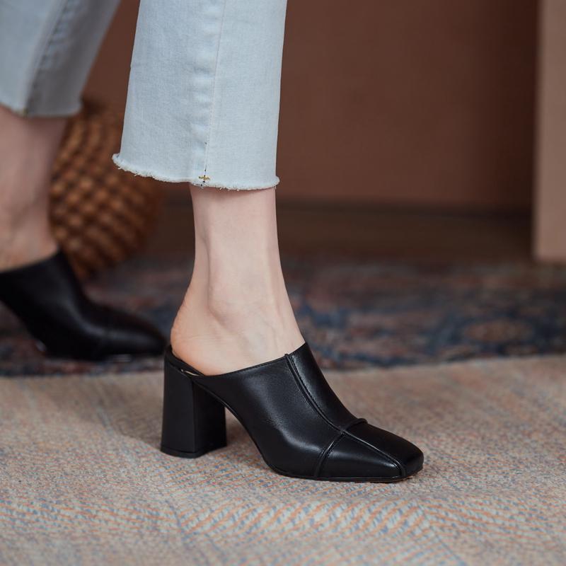 Модные женские новые летние европейские и американские кожаные туфли-шлепанцы с квадратным носком на толстом высоком каблуке большого размера