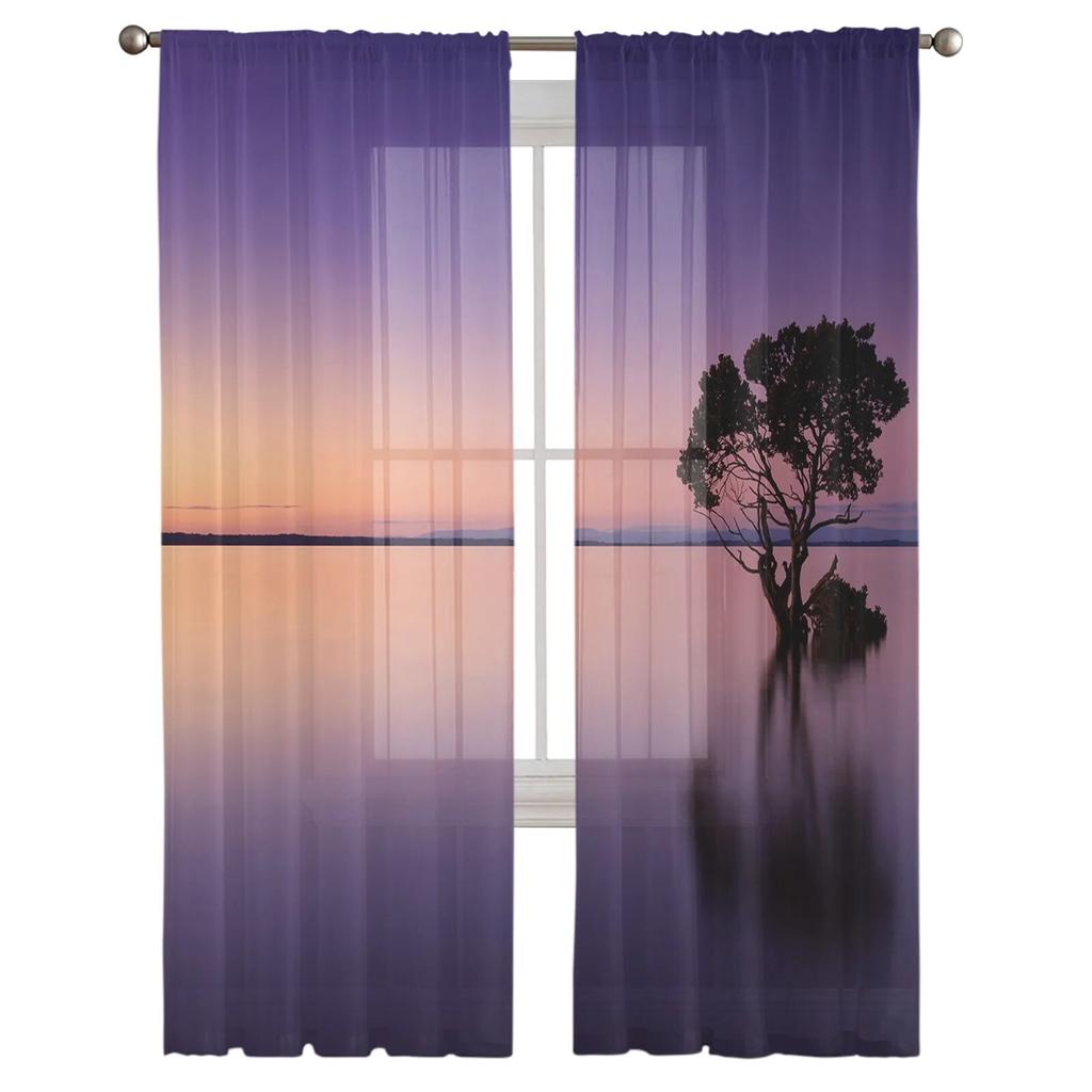 Sunset Tree Water Silhouette Window Curtain for Bedroom Sheer Curtain for Living Room Luxury Tulle Curtain for Kitchen