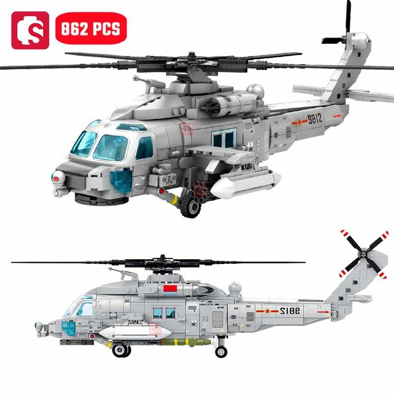 SEMBO 862pcs Navy Type Z-20 Helicopter Building Blocks MOC Armed Aircraft Fighter Soldiers Model Bricks Kids Toys for Boys Gifts