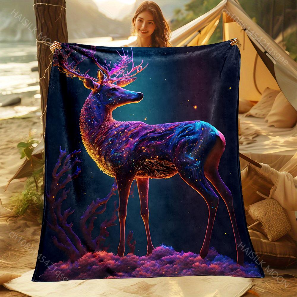 1PC Fantasy Neon Deer Print Adult Children Warm Blankets Home Travel Car Soft and Comfortable Suitable for All Seasons