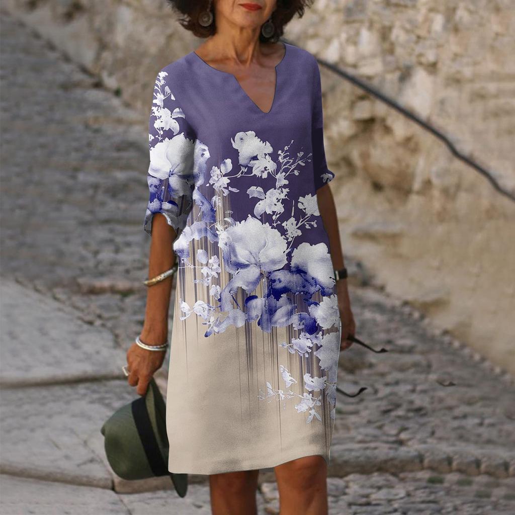 Women's Summer Casual Fashion Five-quarter Sleeve Printed V-Neck Loose Mid-Length Dress