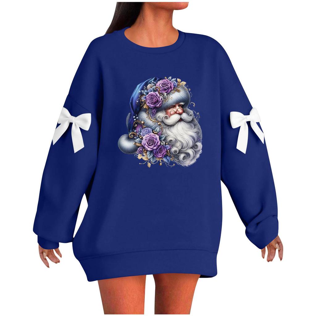 Ladies' Christmas Printed Bow Round Neck Long Sleeved Loose Pullover Sweater Sweatshirt Top