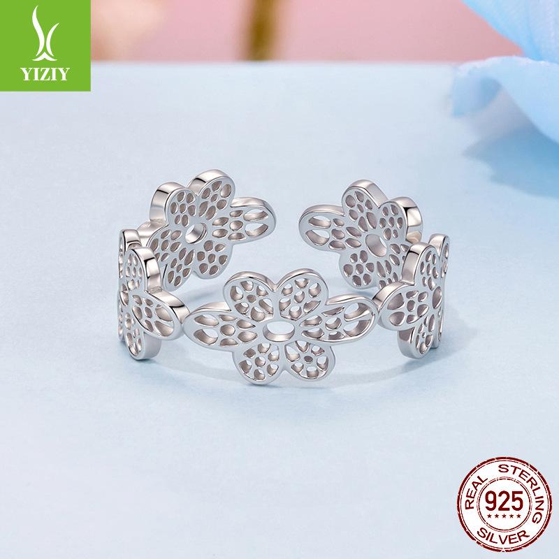 S925 Sterling Silver Niche High-End Hollow Lace Small Flower Opening Ring Foreign Trade Explosion