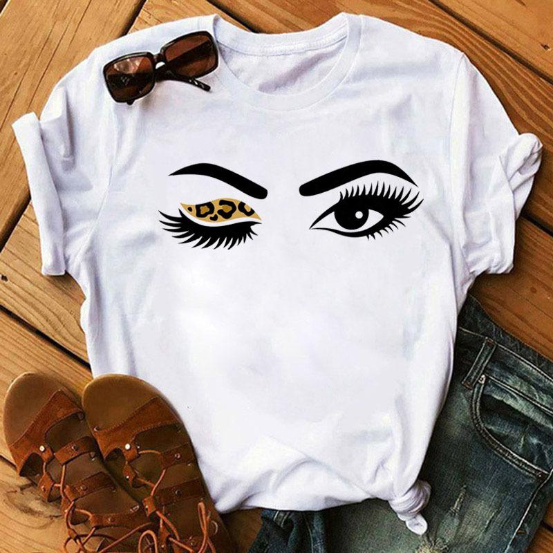 Women's Eyelash Print Loose Casual Simple Round Neck Pure Cotton Short Sleeved T-Shirts Lady Tees