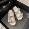 Women's Shoes Versatile Slippers Wear Women's Rhinestones Square Buckle Open-toed Double Ring with Thick-soled Cool Slippers Large-size Sandals