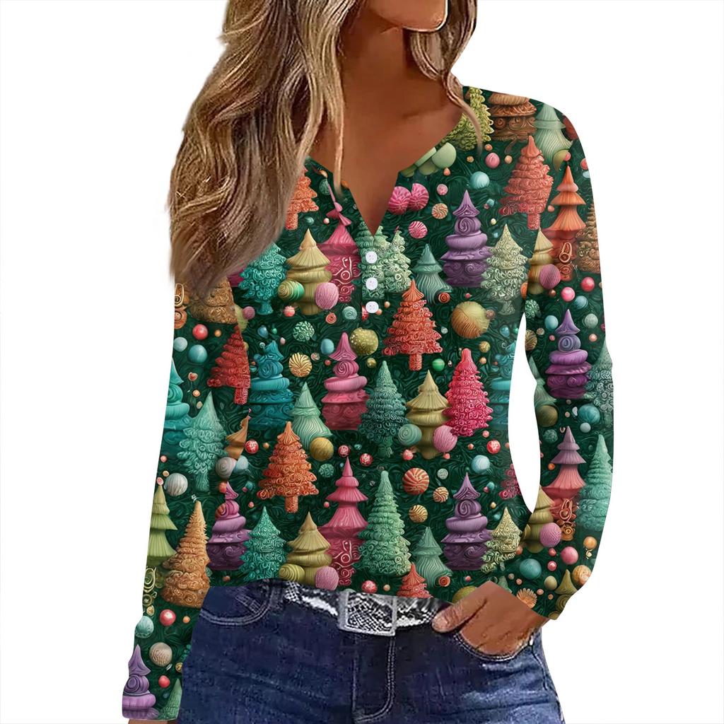 Женская футболка с рождественским принтом на пуговицах с длинным рукавом, повседневная, выходного дня, модная, базовая, с V-образным вырезом, обычная