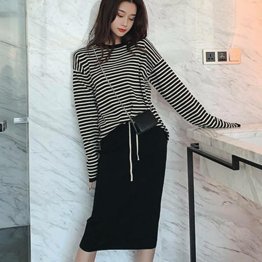 Lady Fashion Women Long Sleeve Split 2 Piece Set Casual Stripe Outfit Skirt