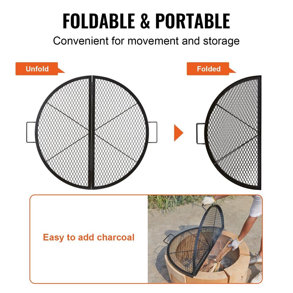 X-Marks Fire Pit Grill Grate, Foldable Round Cooking Grate, Heavy Duty Steel Campfire BBQ Grill Grid with Handle and Support X Wire, Portable Camping