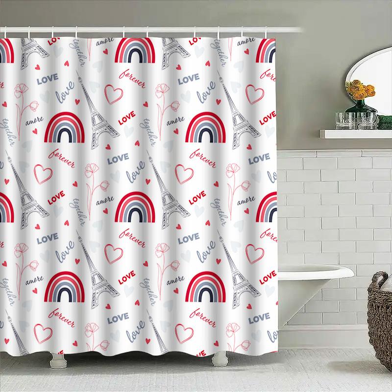 Modern Bathroom Shower Curtain with Love Pattern for Home Decoration White Fabric Waterproof Size 72x84 Inch Red Rainbow Eiffel