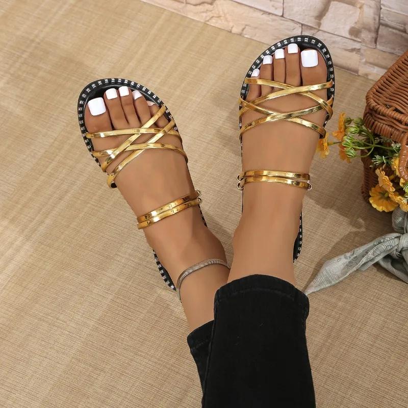 Летняя мода 2024 Открытый носок Однотонные Женские пляжные шлепанцы Большого размера Двухсторонние На плоской подошве Глянцевые Римские женские сандалии