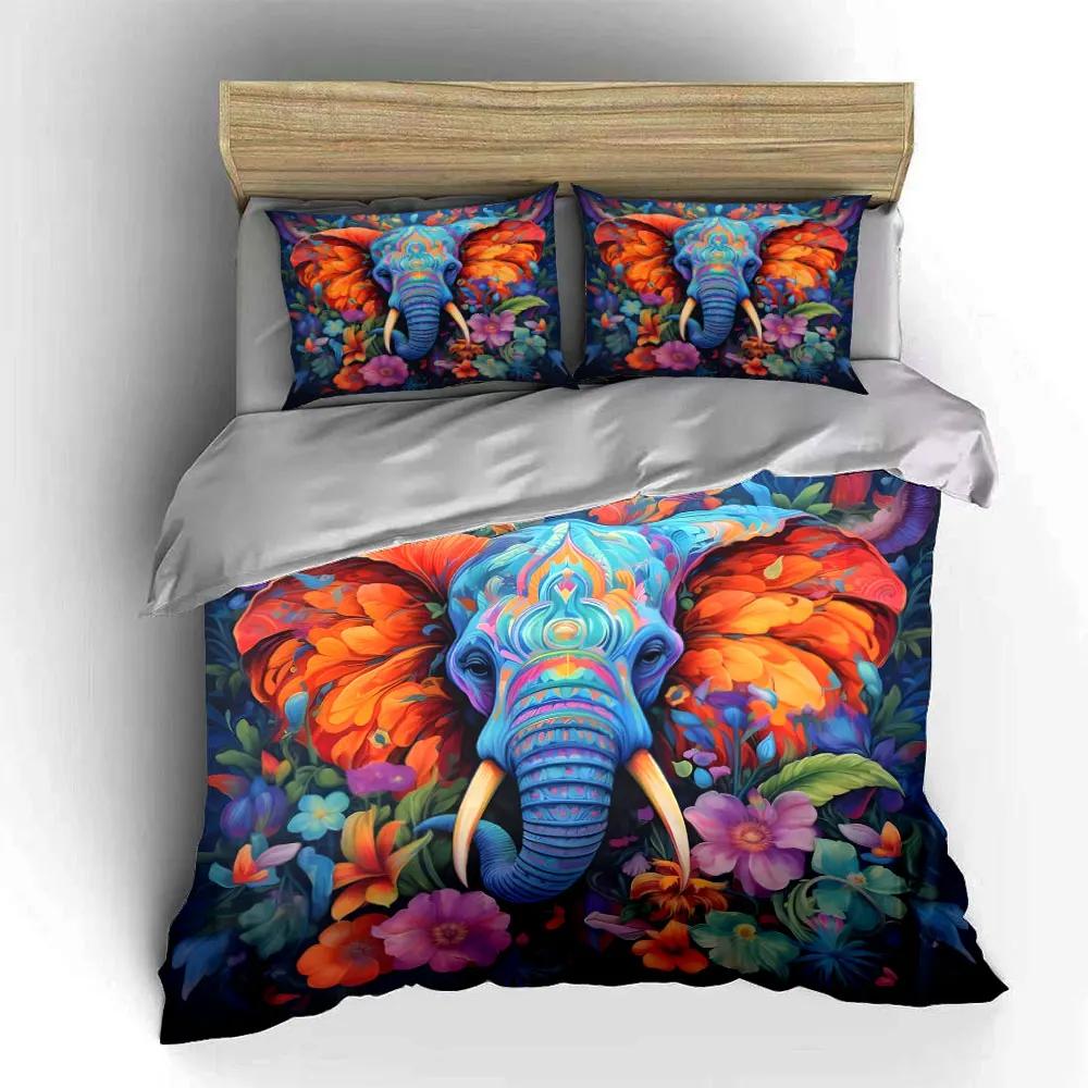 Colorful Elephant Floral Art Set Multiple sizes kid's and adults' bedroom Exquisite 3PC bedding set gift