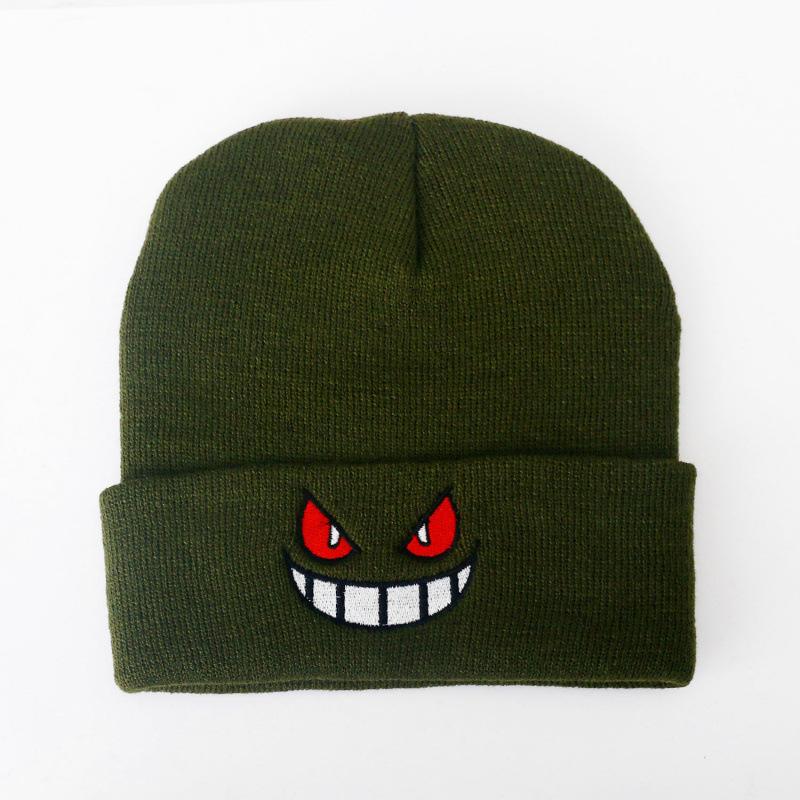 New Animation Cartoon Geng Gui Big Mouth Red Eyes Embroidery Autumn and Winter Wool Knitted Hat Pullover Thermal Hat