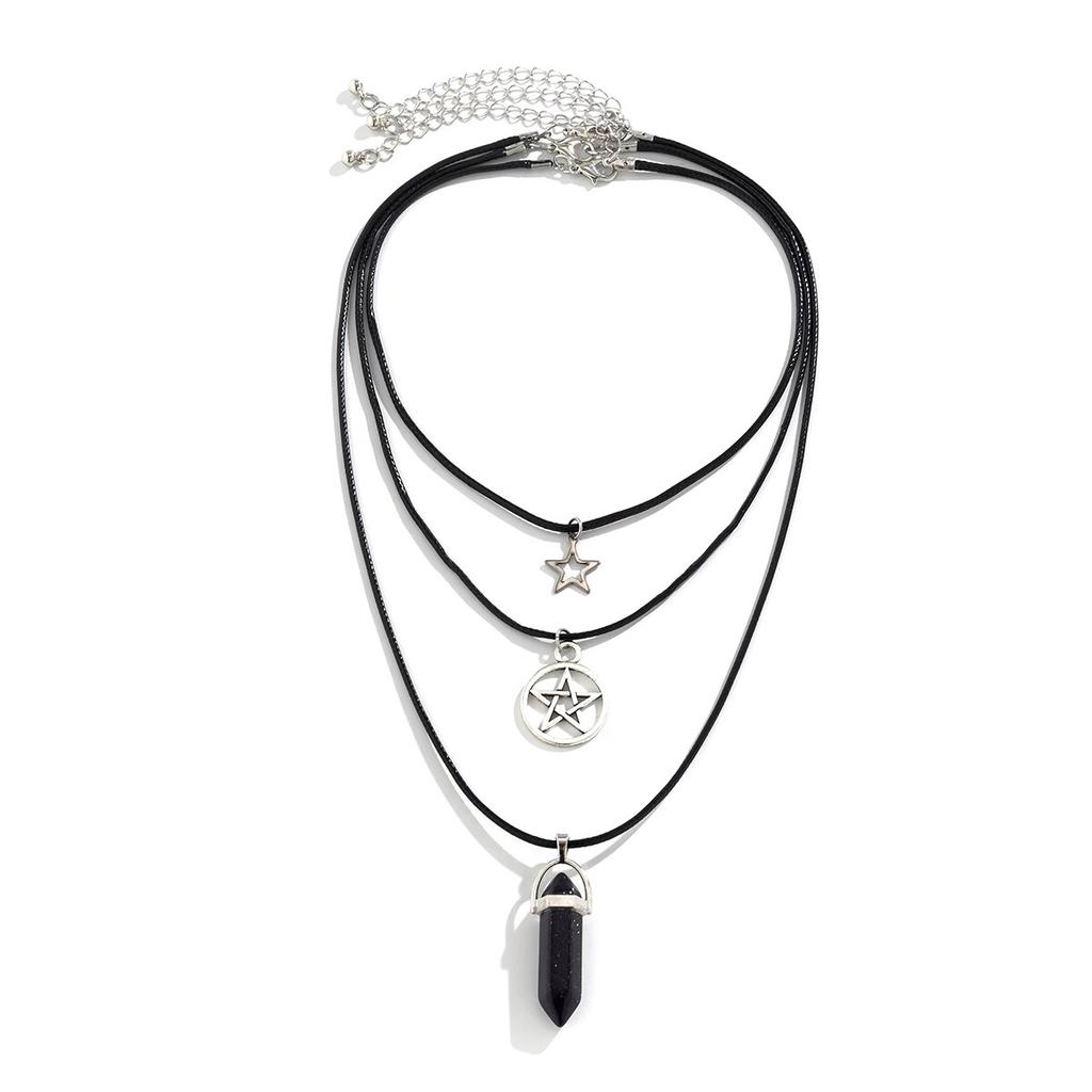 3Pcs/Set Goth Boho Pentagonal Star Crystal Leather Wax Thread Chain Necklace for Women Multilayer Choker Halloween Jewelry Gifts