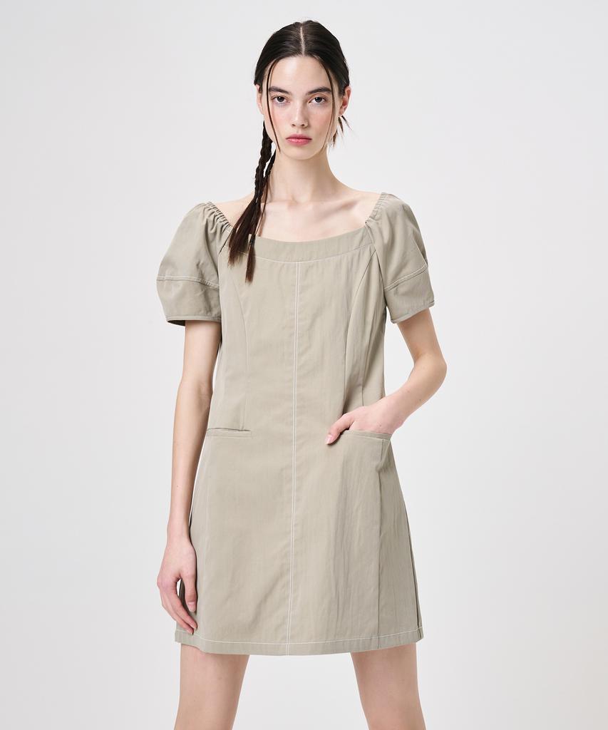 Etmont Stitch Puff Mini Dress, Light Khaki