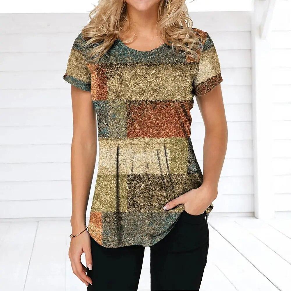 Женская футболка в стиле ретро, ​​футболки с клетчатым принтом, лоскутная одежда, блузка с круглым вырезом и короткими рукавами, женские топы большого размера, женская рубашка в стиле Харадзюку