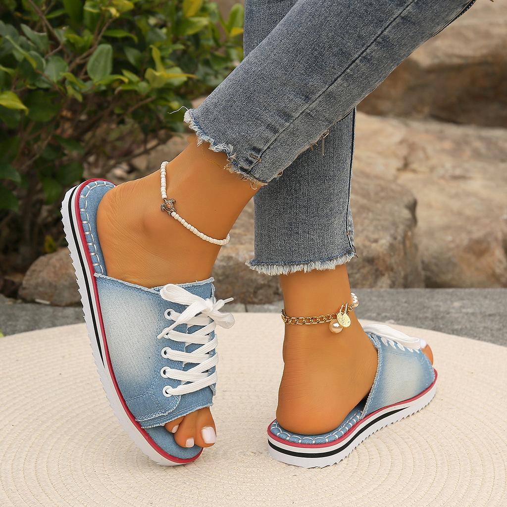 2025 Женские парусиновые плоские тапочки женские на шнуровке с открытым носком новые женские повседневные модные джинсовые пляжные туфли больших размеров