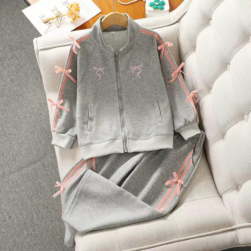 Повседневный комплект из двух предметов: кардиган для девочек на весну и осень: Свободные брюки и куртка для 12-летних детей. Идеально подходит для занятий спортом и повседневной носки.