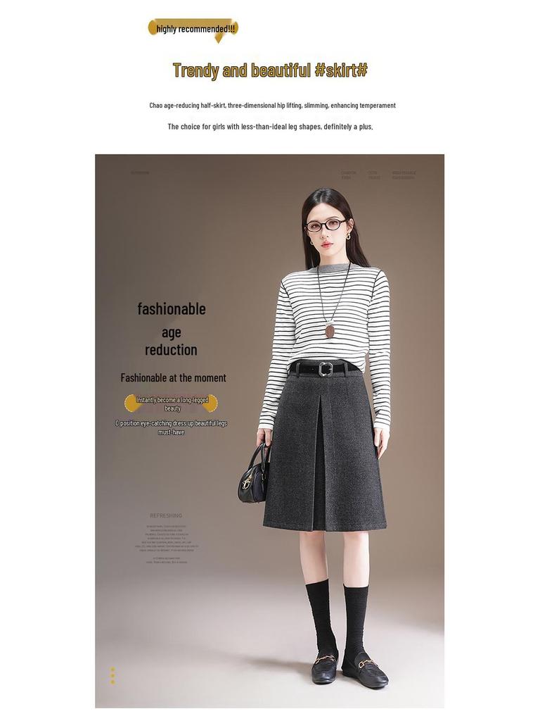 Elegant High-Waisted Woolen A-line Midi Skirt - Winter 2025